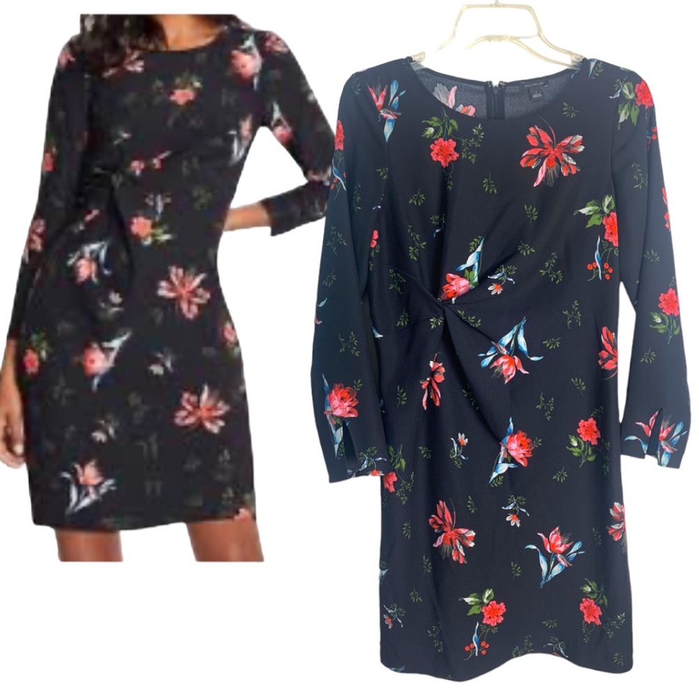 Ann Taylor Garden floral knotted shift dress in black. Sz 4 NEW